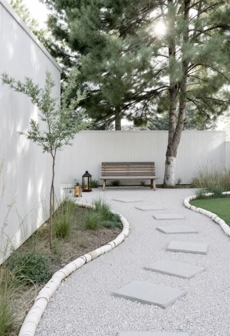 Gångstig med oregelbundna kalkstensplattor i grusad trädgårdsmiljö med sittplats.