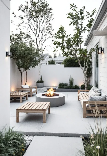Uteplats med ljus kalkstensbeläggning, eldstad och sittplatser i modern gårdsmiljö